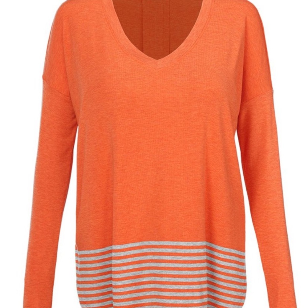 CAbi Hang Out Tee, Sz XS, Orange and Grey, Oversized, Long Sleeve Tee